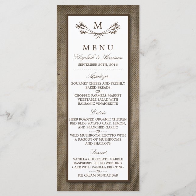 Country Rustic Monogram Branch & Burlap Wedding Menükarte (Vorderseite)