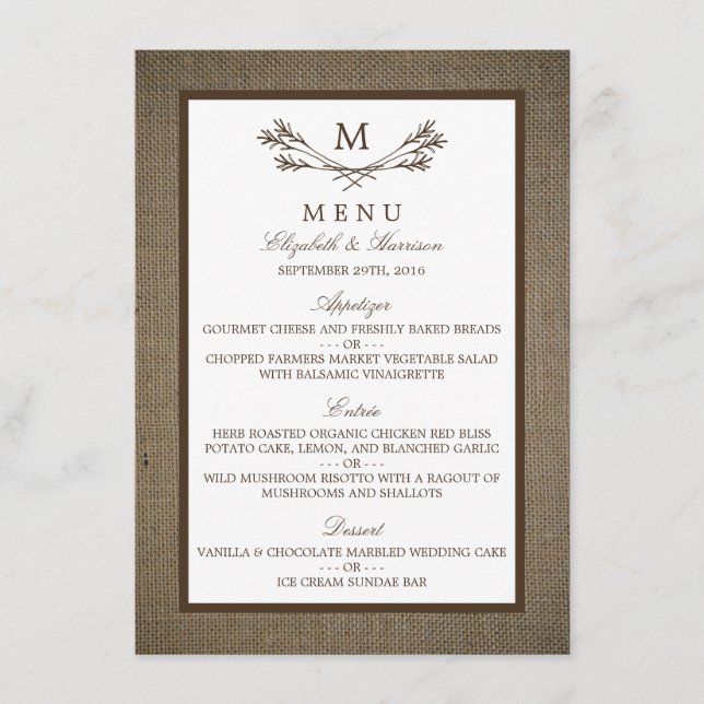 Country Rustic Monogram Branch & Burlap Wedding Menükarte (Vorderseite)