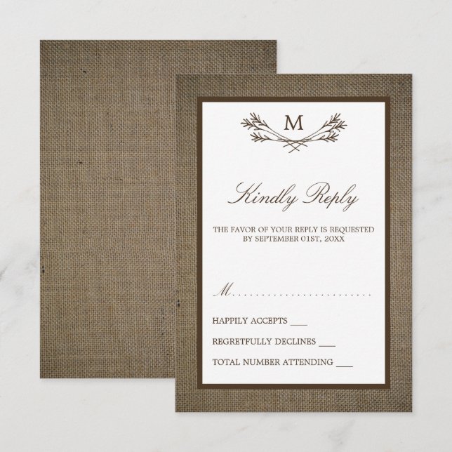 Country Rustic Monogram Branch & Burlap Wedding RSVP Karte (Vorne/Hinten)