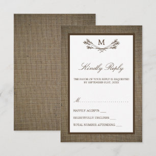 Country Rustic Monogram Branch & Burlap Wedding RSVP Karte