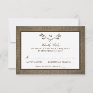 Country Rustic Monogram Branch & Burlap Wedding RSVP Karte