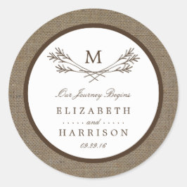 Country Rustic Monogram Branch & Burlap Wedding Runder Aufkleber