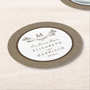 Country Rustic Monogram Branch & Burlap Wedding Runder Pappuntersetzer