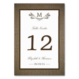 Country Rustic Monogram Branch & Burlap Wedding Tischnummer