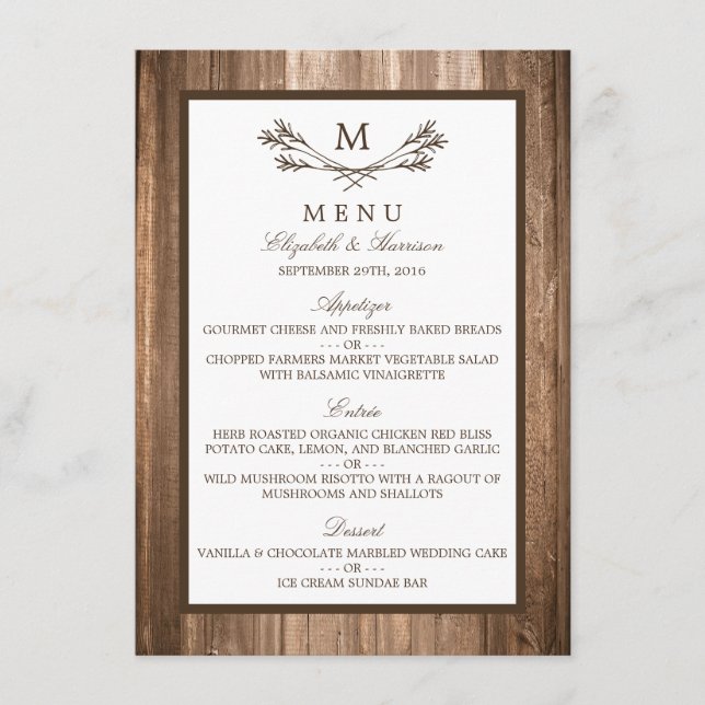 Country Rustic Monogram Branch & Wood Mariage Menu (Devant)