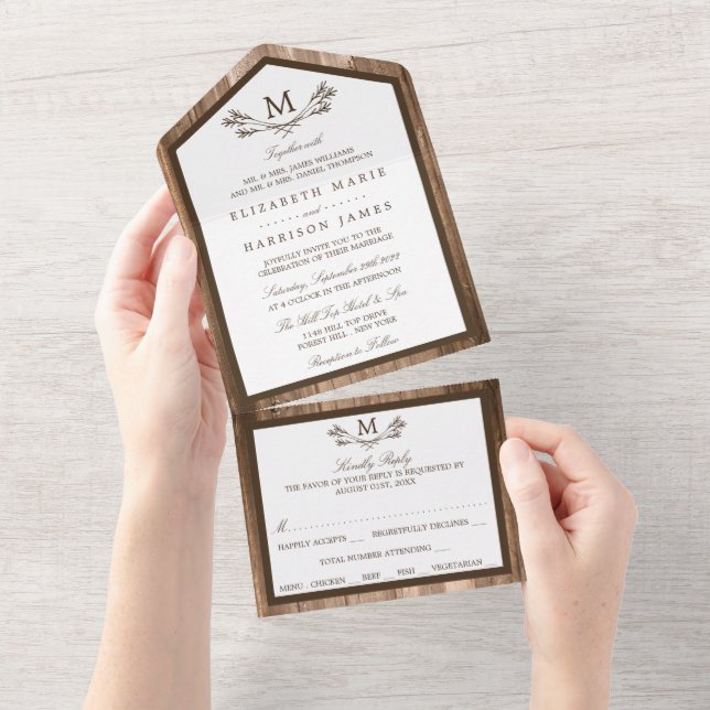 Country Rustic Monogram Branch & Wood Wedding All In One Einladung (Abreißen)