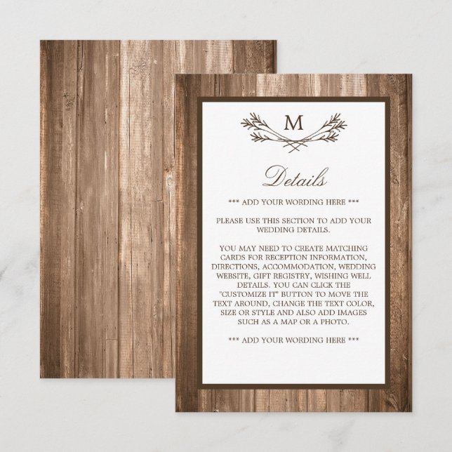 Country Rustic Monogram Branch & Wood Wedding Begleitkarte (Vorne/Hinten)