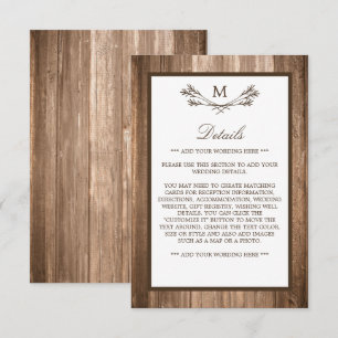 Country Rustic Monogram Branch & Wood Wedding Begleitkarte