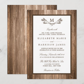 Country Rustic Monogram Branch & Wood Wedding Einladung