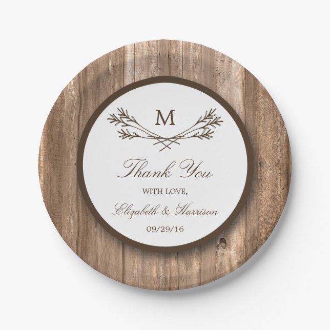 Country Rustic Monogram Branch & Wood Wedding Pappteller (Vorderseite)