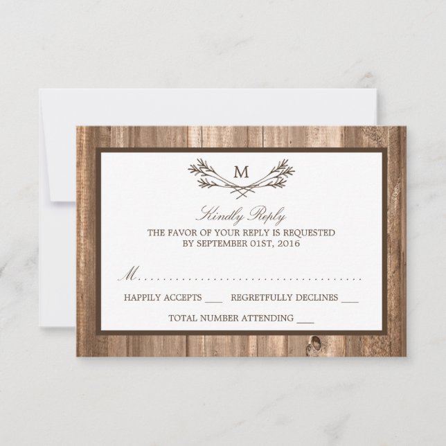 Country Rustic Monogram Branch & Wood Wedding RSVP (Vorderseite)