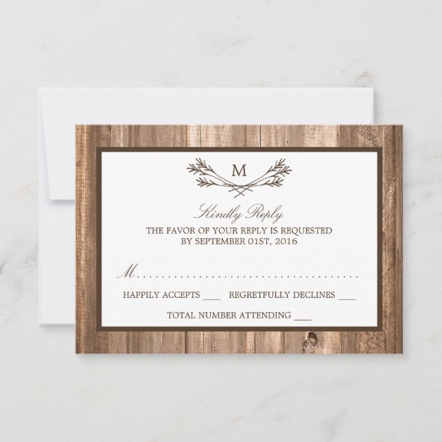Country Rustic Monogram Branch & Wood Wedding RSVP Karte (Vorderseite)