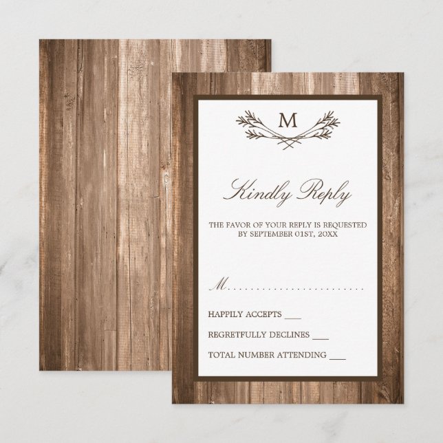Country Rustic Monogram Branch & Wood Wedding RSVP Karte (Vorne/Hinten)