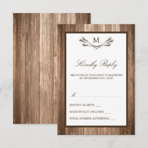 Country Rustic Monogram Branch & Wood Wedding RSVP Karte