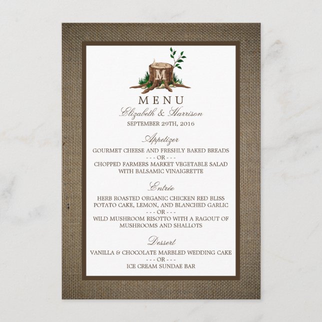 Country Rustic Monogram Tree & Burlap Wedding Menu Menükarte (Vorderseite)