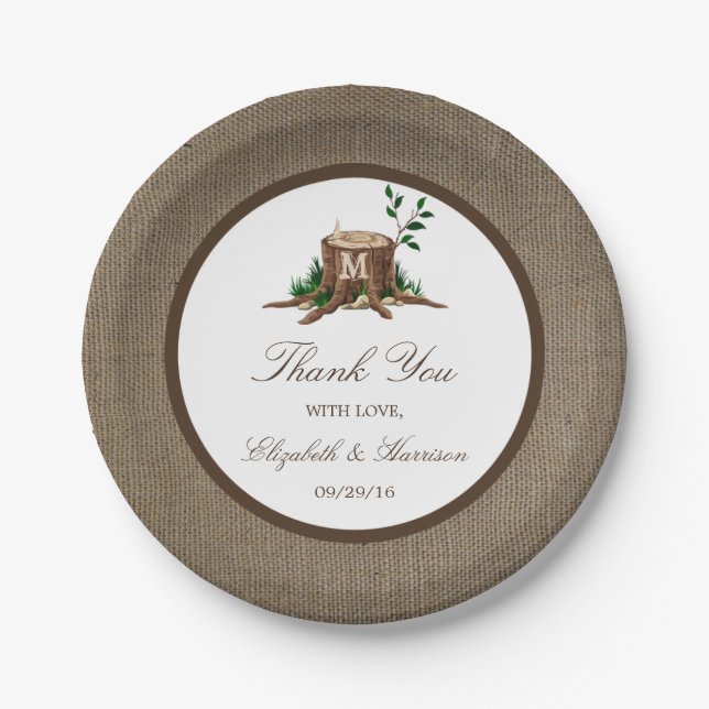 Country Rustic Monogram Tree & Burlap Wedding Pappteller (Vorderseite)