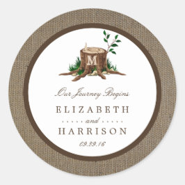 Country Rustic Monogram Tree & Burlap Wedding Runder Aufkleber