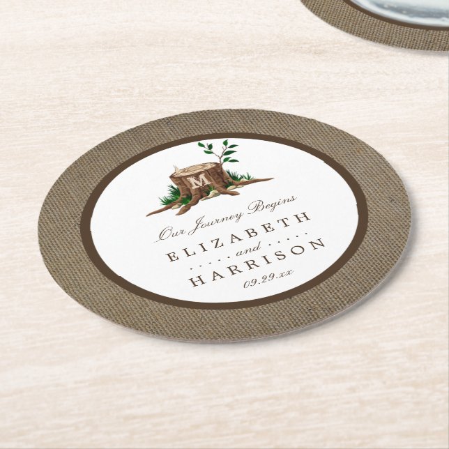 Country Rustic Monogram Tree & Burlap Wedding Runder Pappuntersetzer (Angewinkelt)