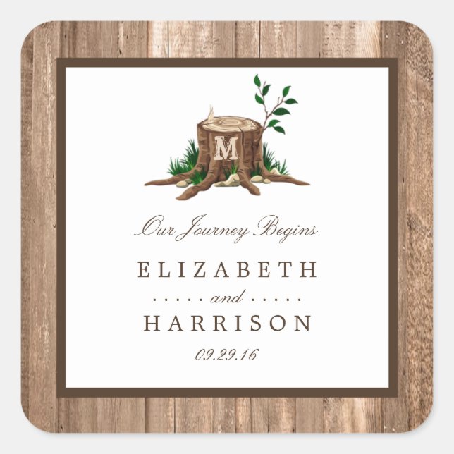 Country Rustic Monogram Tree & Wood Wedding Quadratischer Aufkleber (Vorderseite)