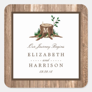 Country Rustic Monogram Tree & Wood Wedding Quadratischer Aufkleber