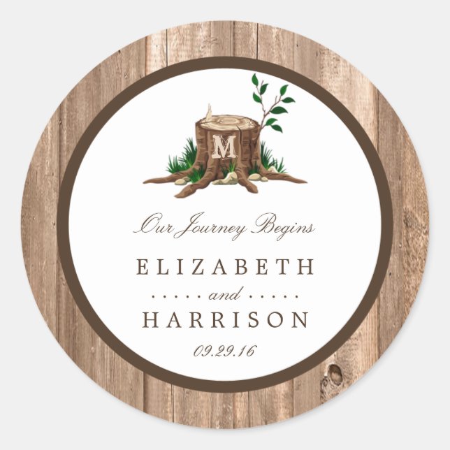 Country Rustic Monogram Tree & Wood Wedding Runder Aufkleber (Vorderseite)