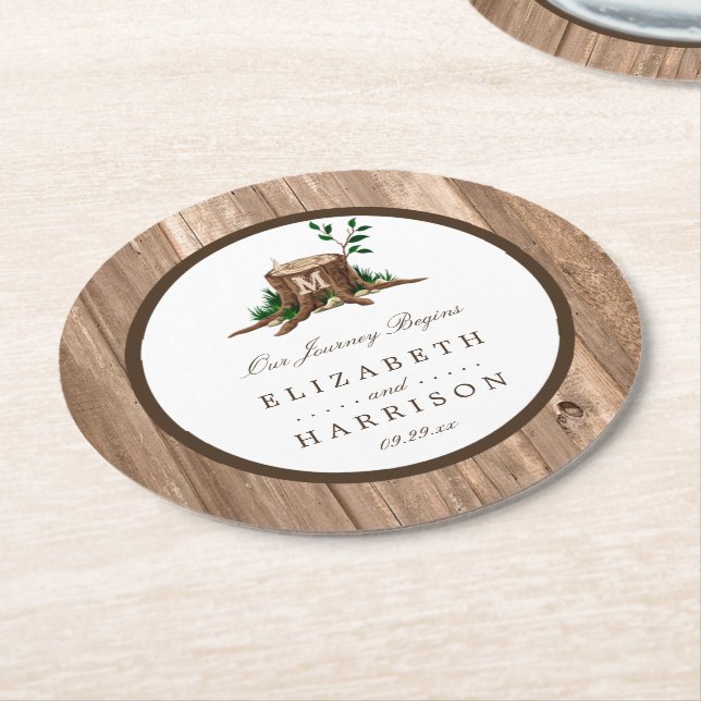Country Rustic Monogram Tree & Wood Wedding Runder Pappuntersetzer (Angewinkelt)