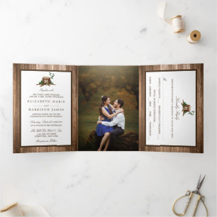 Country Rustic Monogram Tree & Wood Wedding Suite Dreifach Gefaltete Einladung