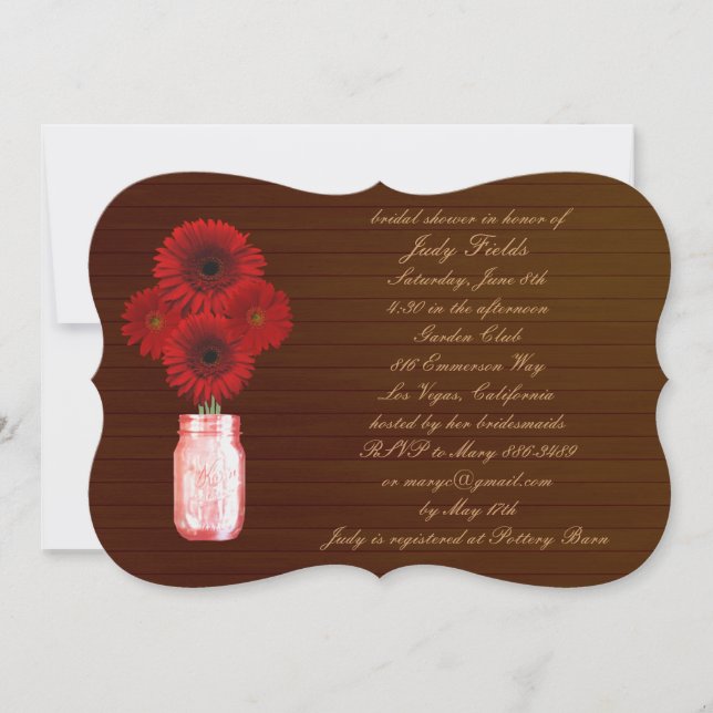 Country Rustic Red Mason Jar Brautparty Einladung (Vorderseite)