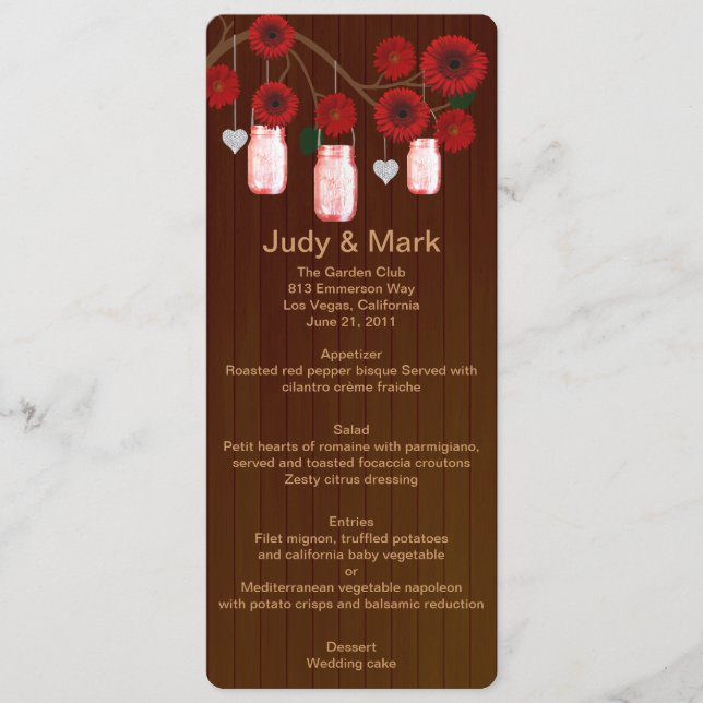 Country Rustic Red Mason Jars Mariage Carte Menu (Devant)