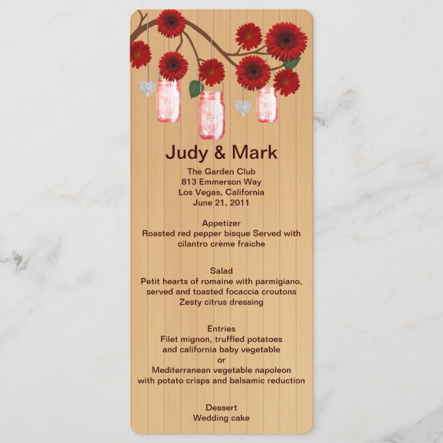 Country Rustic Red Mason Jars Wedding Menu Card Menükarte (Vorderseite)