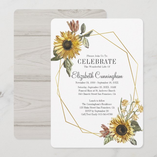 Country Rustic Sonnenblume Floral Geometric Memori Einladung (Vorne/Hinten)