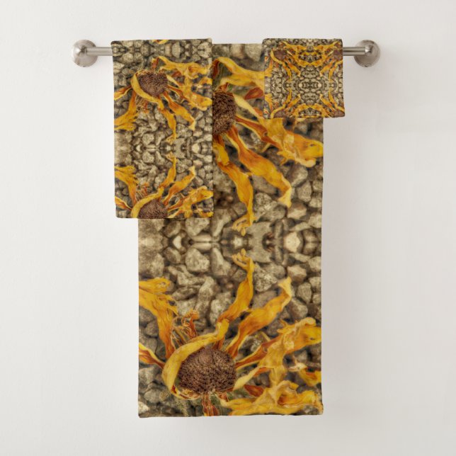 Country Rustic Sonnenblume Gelbbraun Abstrakt Badhandtuch Set (Insitu)