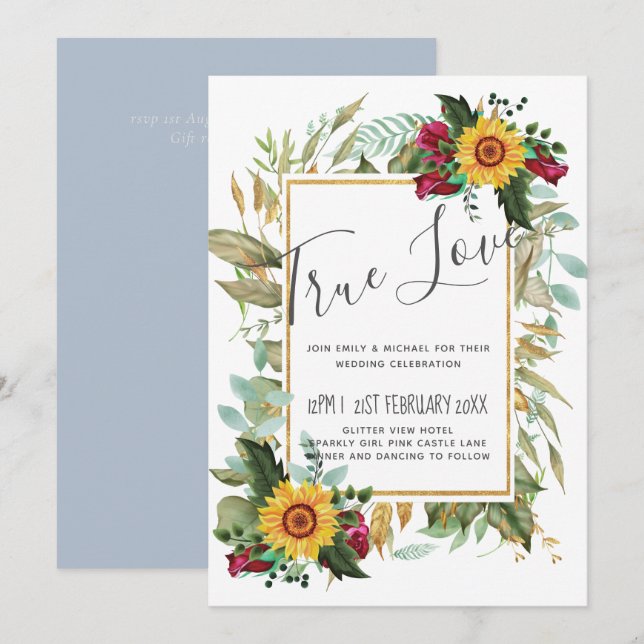 Country Rustic Sonnenblumen Burgund Rose Hochzeit (Vorne/Hinten)