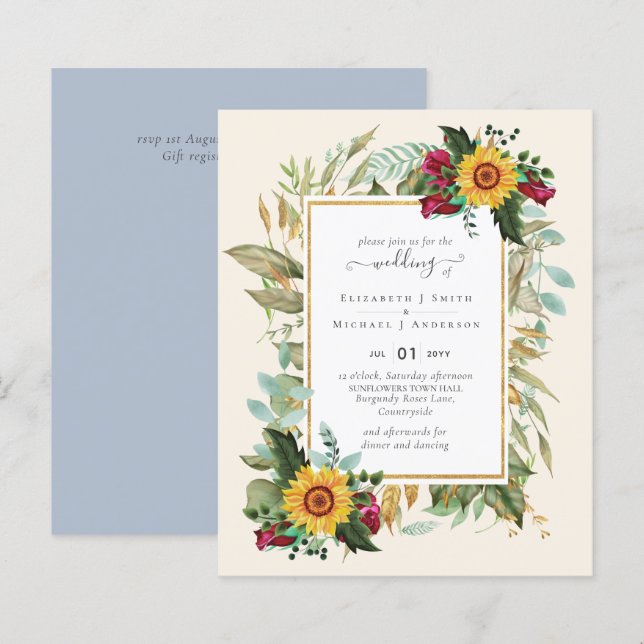 Country Rustic Sonnenblumen Burgund Rose Hochzeit (Vorne/Hinten)