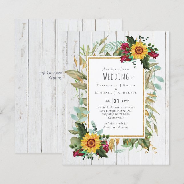 Country Rustic Sonnenblumen Burgund Rose Hochzeit (Vorne/Hinten)