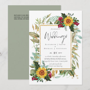 Country Rustic Sonnenblumen Burgund Rose Hochzeit Einladung