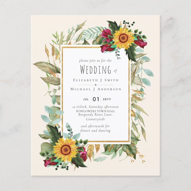 Country Rustic Sonnenblumen Burgund Rose Hochzeit Flyer (Vorne)