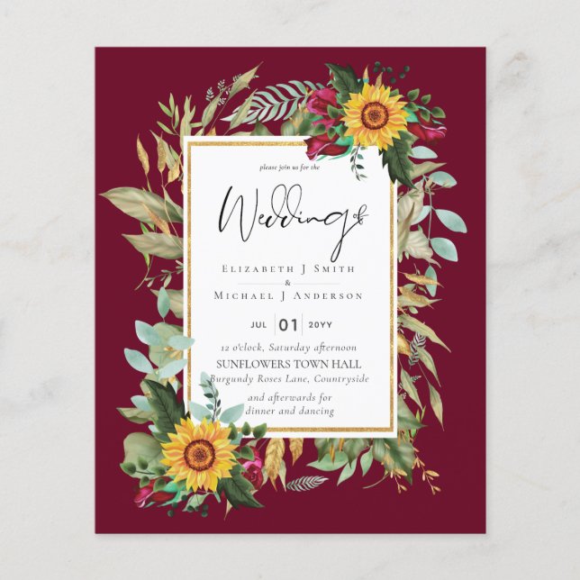 Country Rustic Sonnenblumen Burgund Rose Hochzeit Flyer (Vorne)