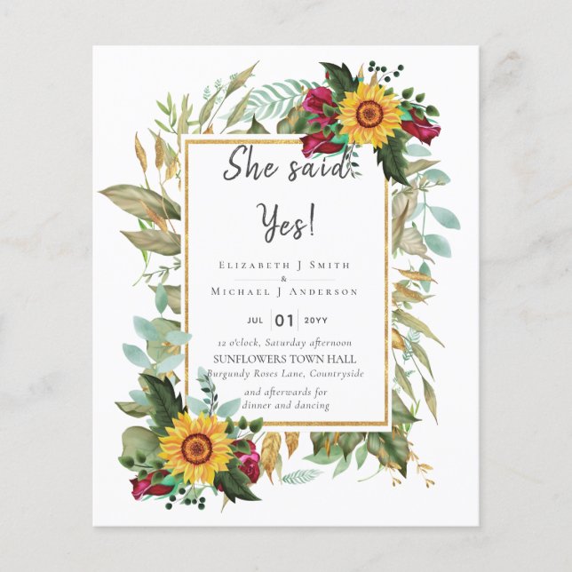 Country Rustic Sonnenblumen Burgund Rose Hochzeit Flyer (Vorne)