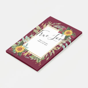 Country Rustic Sonnenblumen Burgund Rose Hochzeit Post-it Klebezettel