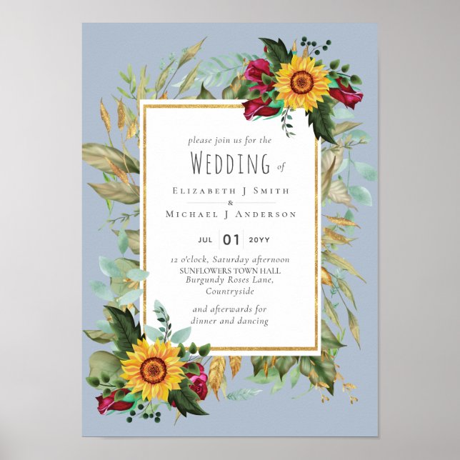 Country Rustic Sonnenblumen Burgund Rose Hochzeit Poster (Vorne)