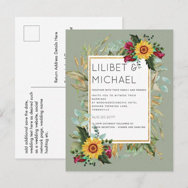 Country Rustic Sonnenblumen Burgund Rose Hochzeit Postkarte (Vorne/Hinten)
