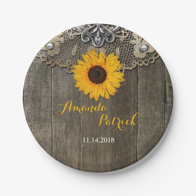 Country Rustic Sonnenblumen Hochzeitspapier Plakat Pappteller (Vorderseite)