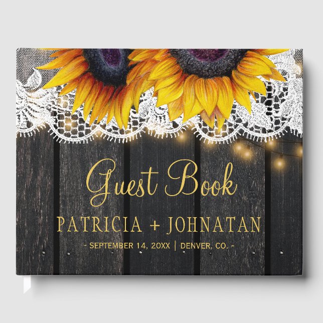 Country rustic Sonnenblumen Stallholz Spitzen Hoch Gästebuch (Vorderseite)