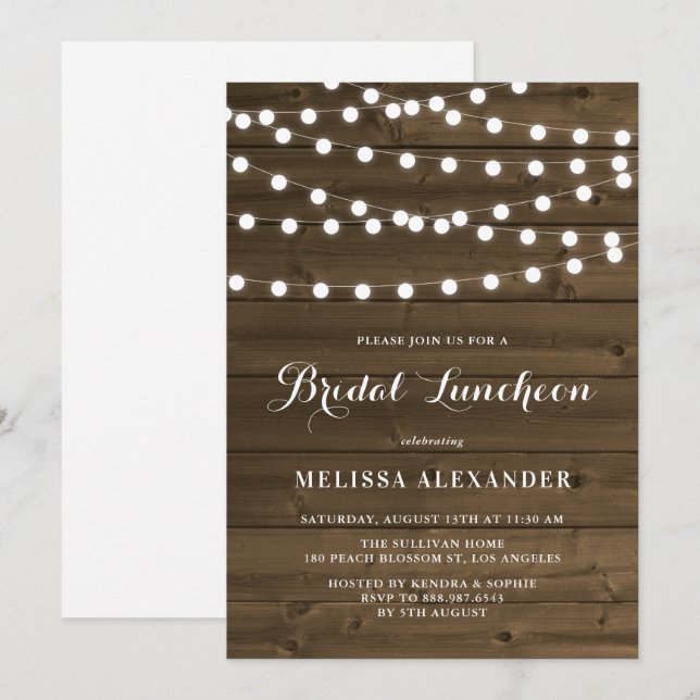 Country Rustic String Lights Wood Bridal Luncheon Einladung (Vorne/Hinten)