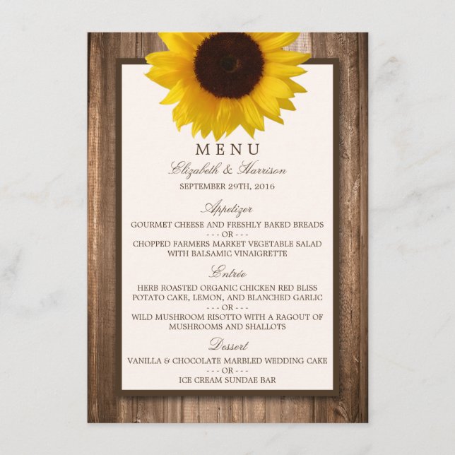 Country Rustic Sunflower & Brown Wood Menu Mariage (Devant)