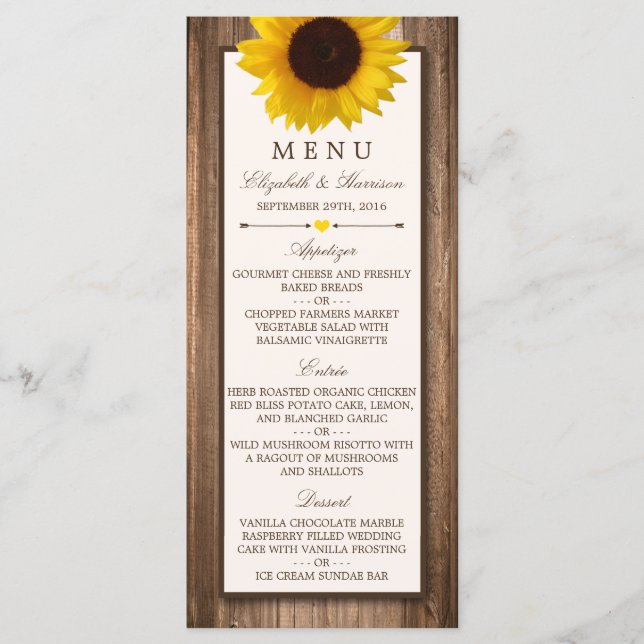 Country Rustic Sunflower & Brown Wood Wedding Menü Menükarte (Vorderseite)