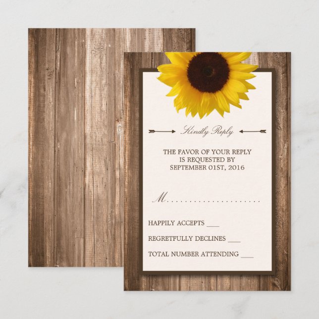 Country Rustic Sunflower & Brown Wood Wedding RSVP (Vorne/Hinten)
