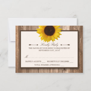 Country Rustic Sunflower & Brown Wood Wedding RSVP Karte