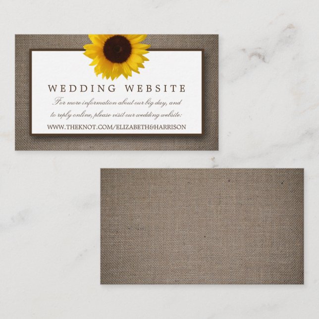 Country Rustic Sunflower & Burlap Wedding Website Begleitkarte (Vorne/Hinten)